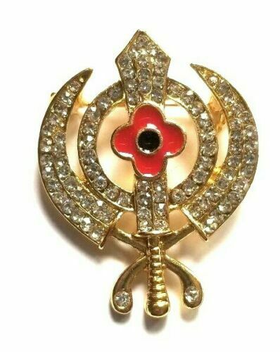 Stunning Diamonte Gold Plated SIKH KhandaPoppy Khalsa Singh Kaur Brooch Pin Gift