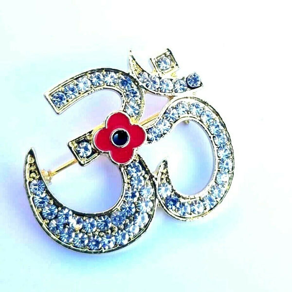 Stunning Diamonte Gold Plated Indian OMPoppy Hindu British India Brooch OM Pin