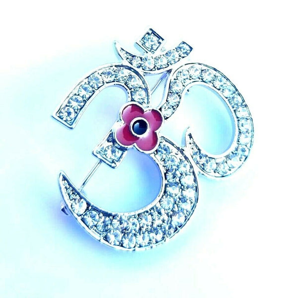 Stunning Diamonte Silver Plated Indian OMPoppy Hindu British India Brooch OM Pin
