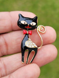 Black Cat Brooch Pendant Gold Plated Enamel Rhinestone Vintage Look Retro Pin K20 Celebrity design