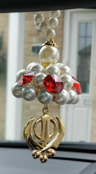 Gold plated punjabi sikh small khanda stunning pendant car rear mirror beads red