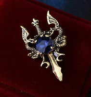 Stunning vintage look gold plated dragon sword blue design brooch broach pin b38