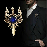 Stunning vintage look gold plated dragon sword blue design brooch broach pin b38