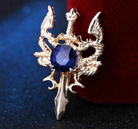 Stunning vintage look gold plated dragon sword blue design brooch broach pin b38