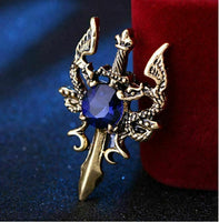 Stunning vintage look gold plated dragon sword blue design brooch broach pin b38
