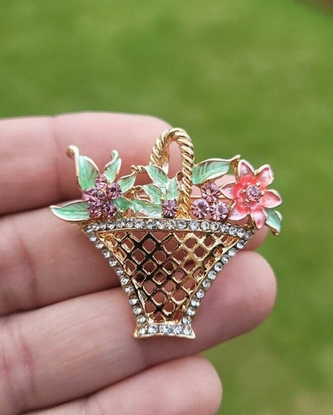 Flower basket brooch vintage look gold plated designer broach celebrity pin k32