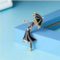 Vintage look gold plated blu lady umbrella brooch suit coat broach pin collar u2