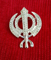 Stunning Diamonte Silver Plated Sikh Khanda Brooch Cake Pin Singh Turban Dumala