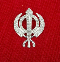 Stunning Diamonte Silver Plated Sikh Khanda Brooch Cake Pin Singh Turban Dumala