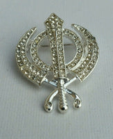 Stunning Diamonte Silver Plated Sikh Khanda Brooch Cake Pin Singh Turban Dumala