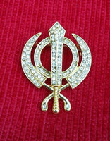 Stunning diamonte gold plated sikh khanda brooch cake pin singh turban dumala