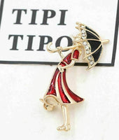 Vintage look gold plated red lady umbrella brooch suit coat broach pin collar u1