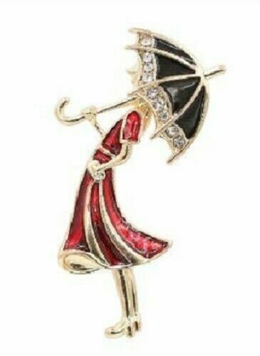 Vintage look gold plated red lady umbrella brooch suit coat broach pin collar u1