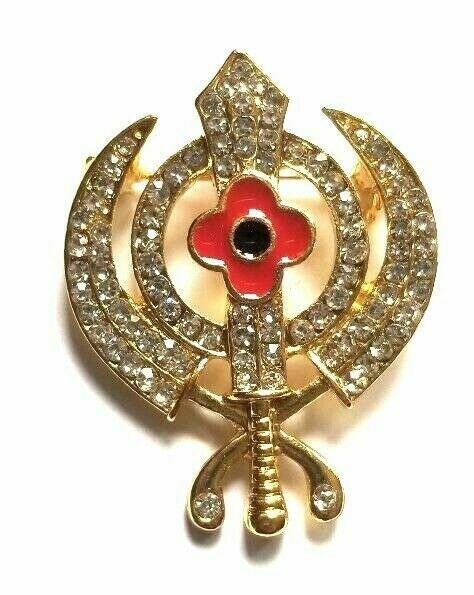 Stunning diamonte gold plated sikh khandapoppy khalsa singh kaur brooch pin gift
