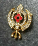 Stunning diamonte gold plated sikh khandapoppy khalsa singh kaur brooch pin gift