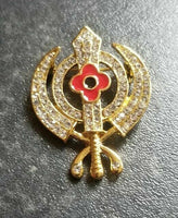 Stunning diamonte gold plated sikh khandapoppy khalsa singh kaur brooch pin gift