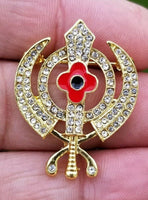 Stunning diamonte gold plated sikh khandapoppy khalsa singh kaur brooch pin gift