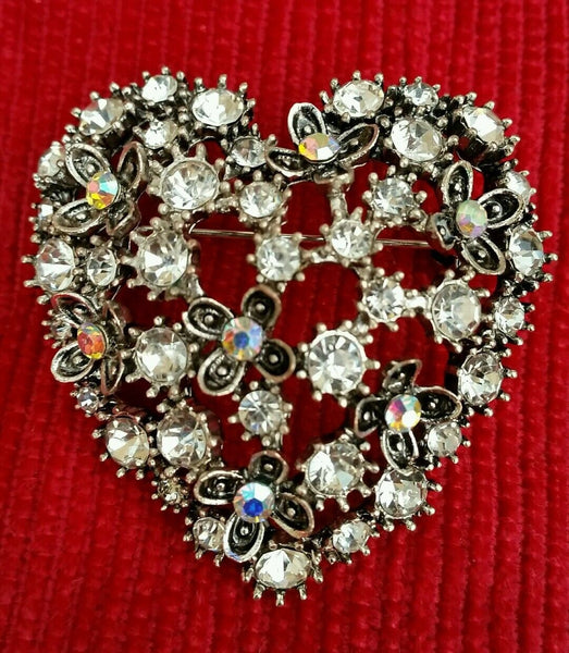 Stunning diamonte silver plated vintage style heart brooch broach cake pin gift