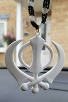 Acrylic white punjabi sikh kaur singh khanda pendant car rear mirror small beads