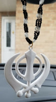 Acrylic white punjabi sikh kaur singh khanda pendant car rear mirror small beads
