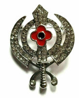 Silver Plated Sikh Khanda Poppy Brooch Pin – Diamante Crystal – Singh Kaur Khalsa