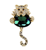 Stunning tiger brooch vintage look broach diamonte gold silver plated pin jjj59