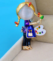 Painting girl vintage look gold plated retro lady celebrity brooch broach pin jj