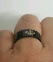 Stunning smooth laser engraved khanda sikh singh kaur khalsa black ring challa