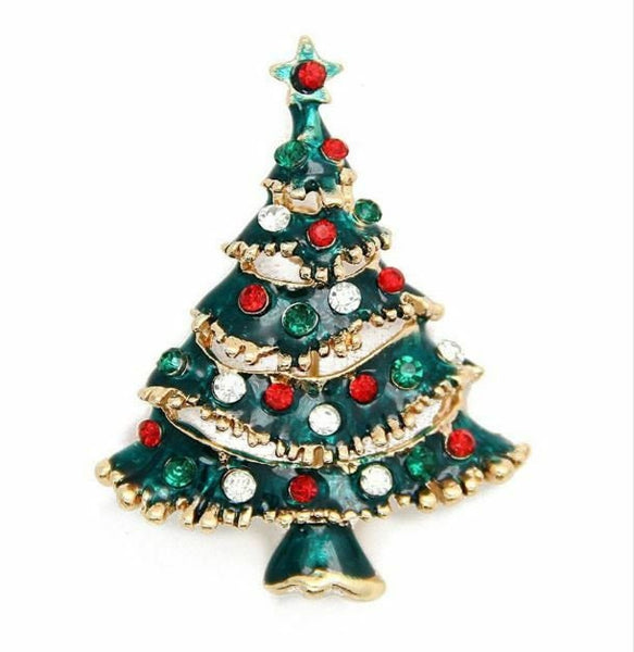 Stunning diamonte gold plated vintage look christmas tree brooch cake pin b4