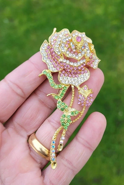 Pink rose brooch lucky vintage look gold plated celebrity broach queen pin s4