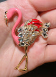 Pink Flamingo Brooch Rhinestone Crystal Bird Pin Gold plated Vintage Look Gift S23 King Queen Broach
