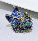 Wolf brooch blue or black vintage look celebrity broach gold plated pin ggg96