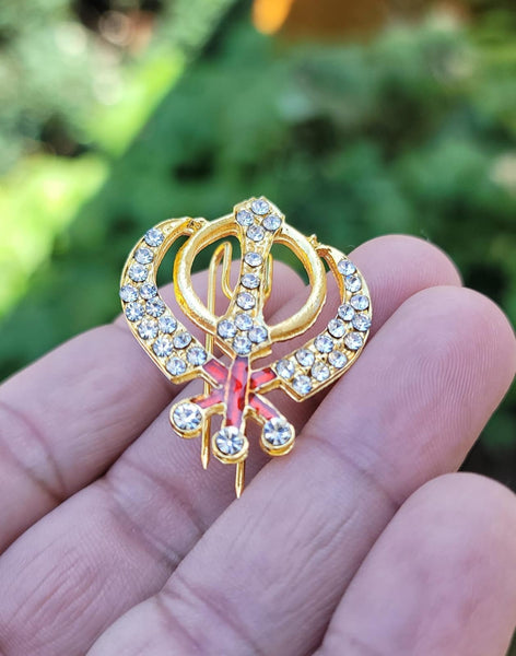 Stunning diamonte gold plated sikh singh kaur khalsa khanda brooch pin gift ggg1