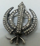 Silver Plated Khanda Brooch Rhinestones Vintage Look Sikh Pin Singh Gift Broach