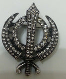 Silver Plated Khanda Brooch Rhinestones Vintage Look Sikh Pin Singh Gift Broach