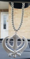 Acrylic white punjabi sikh kaur singh khanda pendant car rear mirror white beads