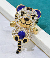 Stunning tiger teddy brooch vintage look broach diamonte gold plated pin jjj57