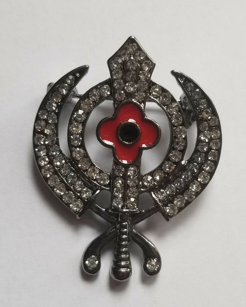 Stunning diamonte black affect sikh  singh kaur khalsa poppykhanda brooch pin