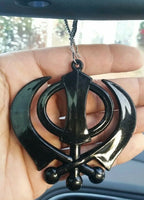 Large black acrylic khanda punjabi sikh pendant car rear mirror hanging chain