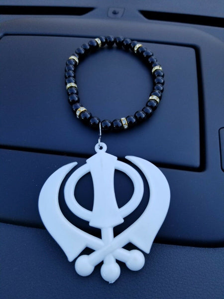 Singh kaur punjabi sikh white khanda pendant car rear mirror hanging mala a2