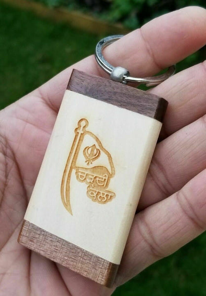 Sikh flag punjabi word chardi kala singh kaur khalsa wood key chain key ring nn