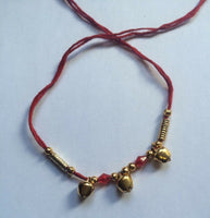 Good Luck Hindu red thread with 3 dangling bells Bracelet 24 Ct Gold affect V1