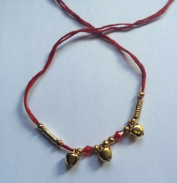 Good Luck Hindu red thread with 3 dangling bells Bracelet 24 Ct Gold affect V1