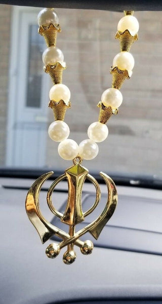 Gold plated stunning large khanda punjabi sikh pendant car rear mirror bead mala
