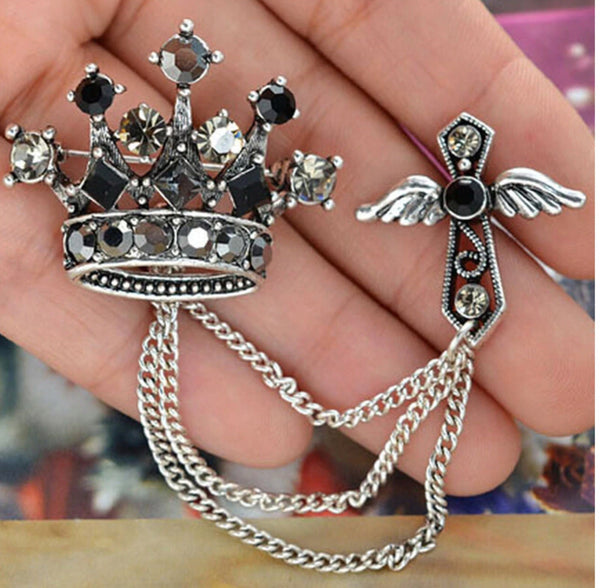 King crown cross lucky vintage look silver plated celebrity broach queen pin s5