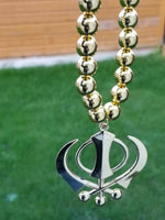 Gold Plated Khanda Pendant Punjabi Sikh Car Rear Mirror in Bead Mala hanger RR1