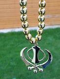 Gold Plated Khanda Pendant Punjabi Sikh Car Rear Mirror in Bead Mala hanger RR1