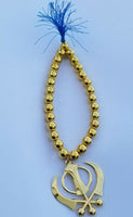 Gold Plated Khanda Pendant Punjabi Sikh Car Rear Mirror in Bead Mala hanger RR1