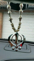 Silver plated punjabi sikh large khanda pendant car hanging white pearl beads