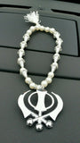 Silver plated punjabi sikh large khanda pendant car hanging white pearl beads